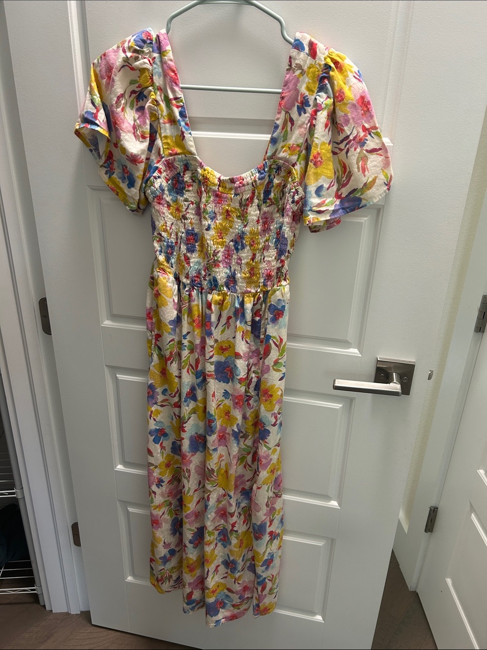 GAP Floral Puff-Sleeve Midi Dress in White, Yellow, Pink, Blue